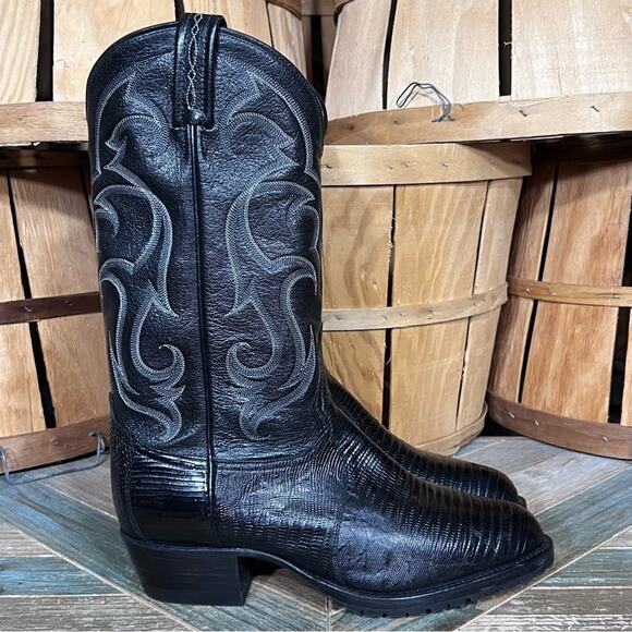 Tony Lama CZ810 Black Lizard Leather Round Toe Cowboy Boots Men 8.5 EE EX Wide